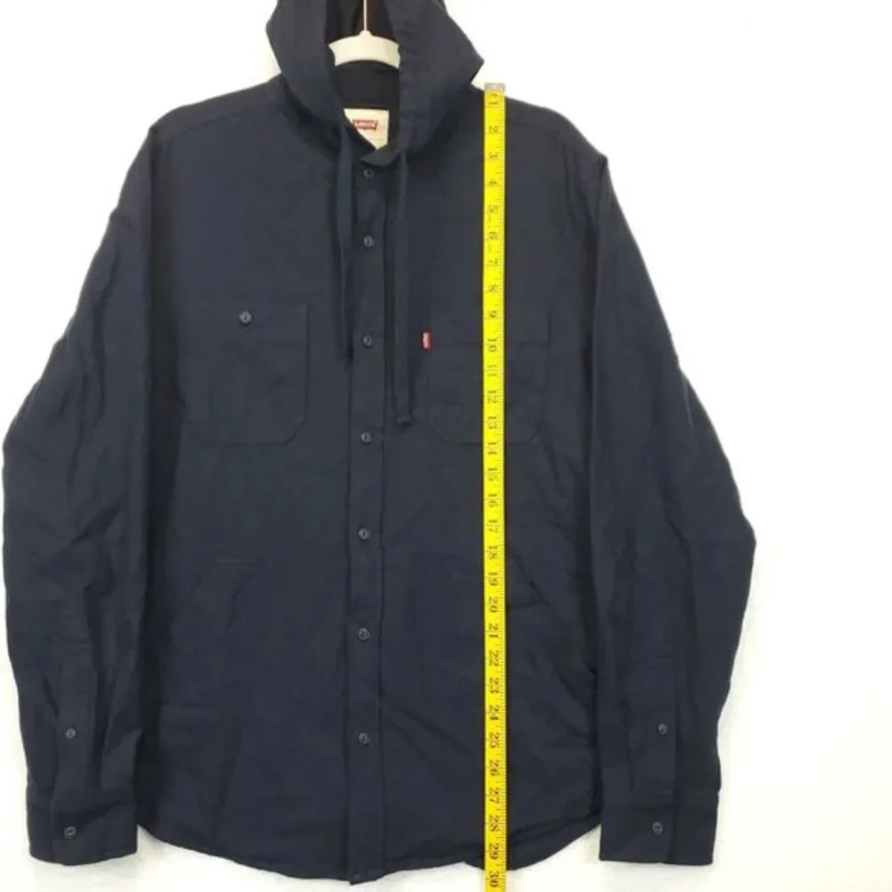 Levi's Button Up Hooded Shirt Men M Long Sleeve Front‎ Pockets Navy Blue Cotton